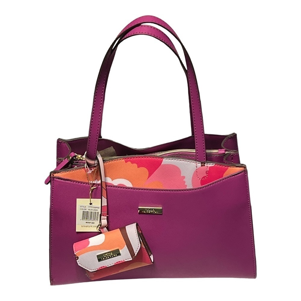 Trina Turk Tote Hand Bag With Matching Coin Purse In Orchid Wildflower Medium
